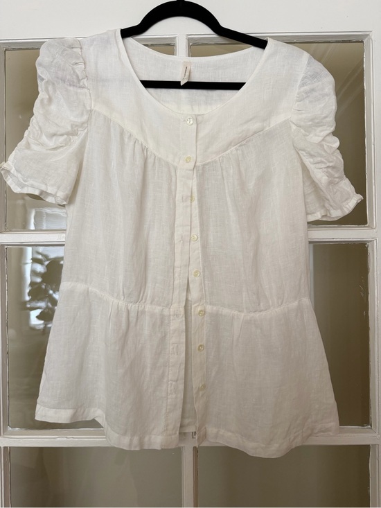 Meadow Rue Tops - Meadow Rue White Linen Button-Front Puff Sleeve Tunic